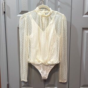 Free People Sheer Cream Long Sleeve Thong Bodysuit